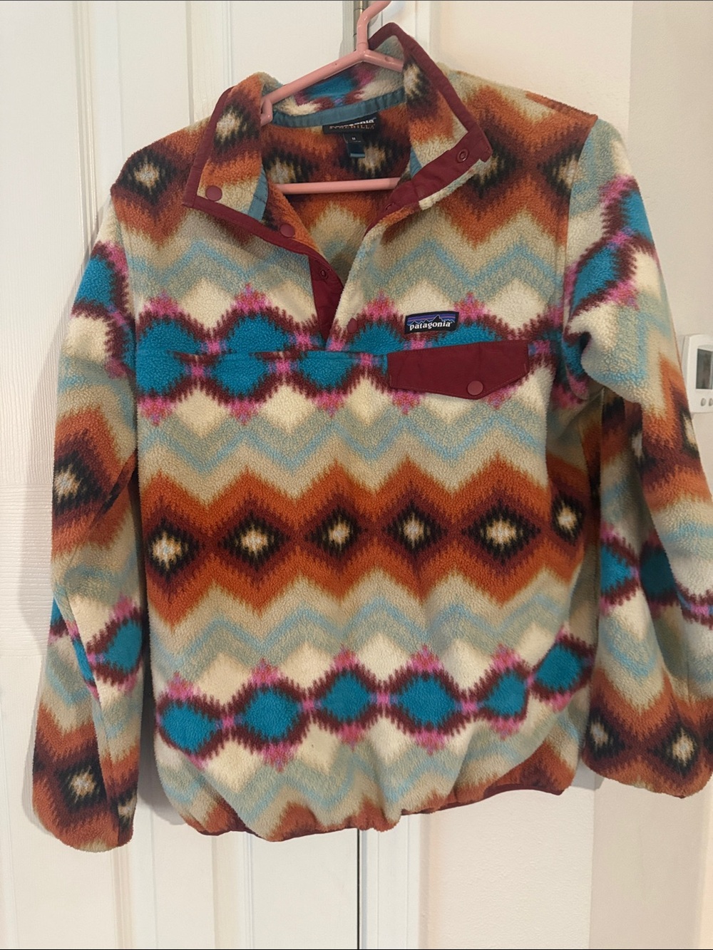 Patagonia Multicolor Chevron Snap-T Fleece Pullover - Teal, Rust, Cream